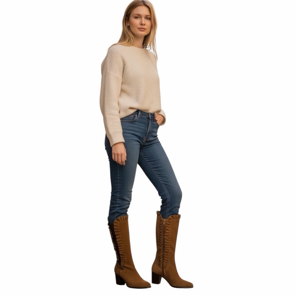 NWOB Sundance Katrine Brown Suede Ruffle Boots Italian Leather Sz 38 (7.5/8)